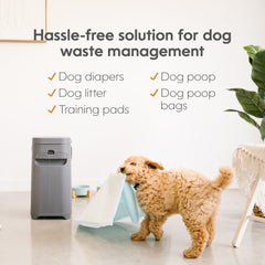 Pet Genie Pail refill bag highlights long-lasting odor control for one dog.
