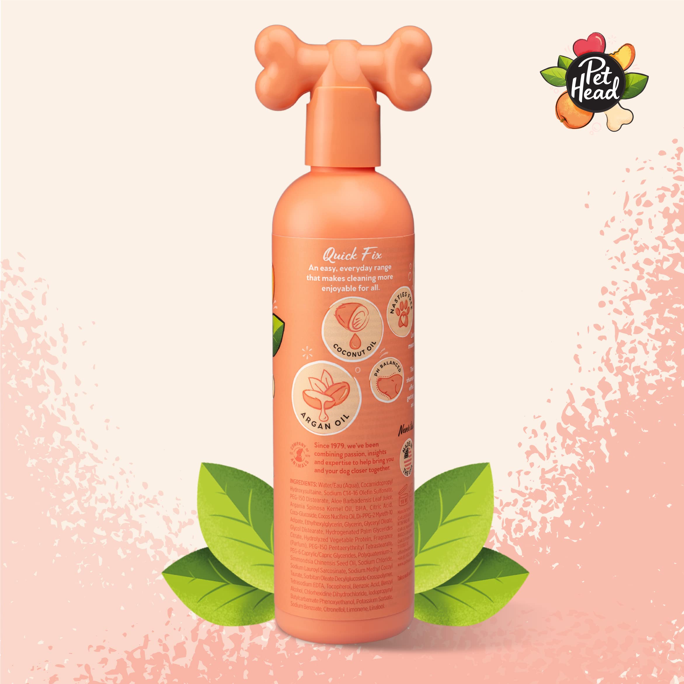 Pet Head Quick Fix peach lather highlights nourishing oils for soft fur