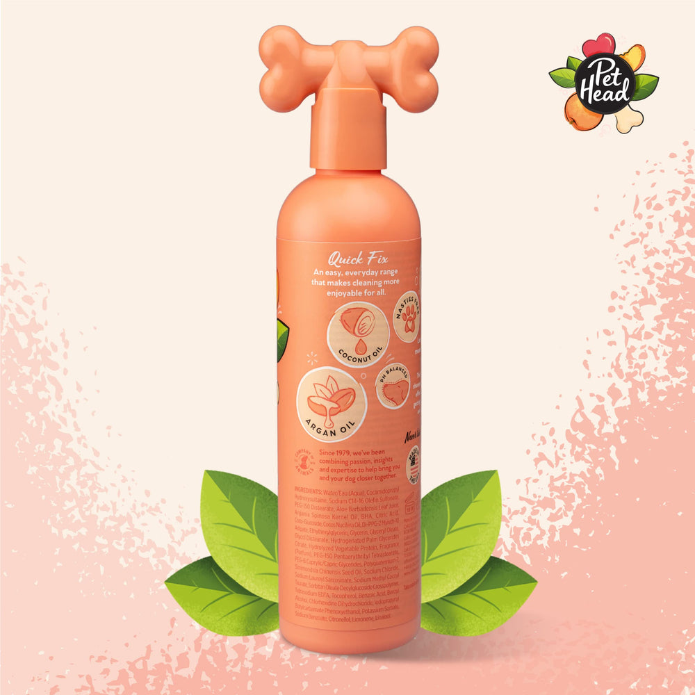 Pet Head Quick Fix peach lather highlights nourishing oils for soft fur