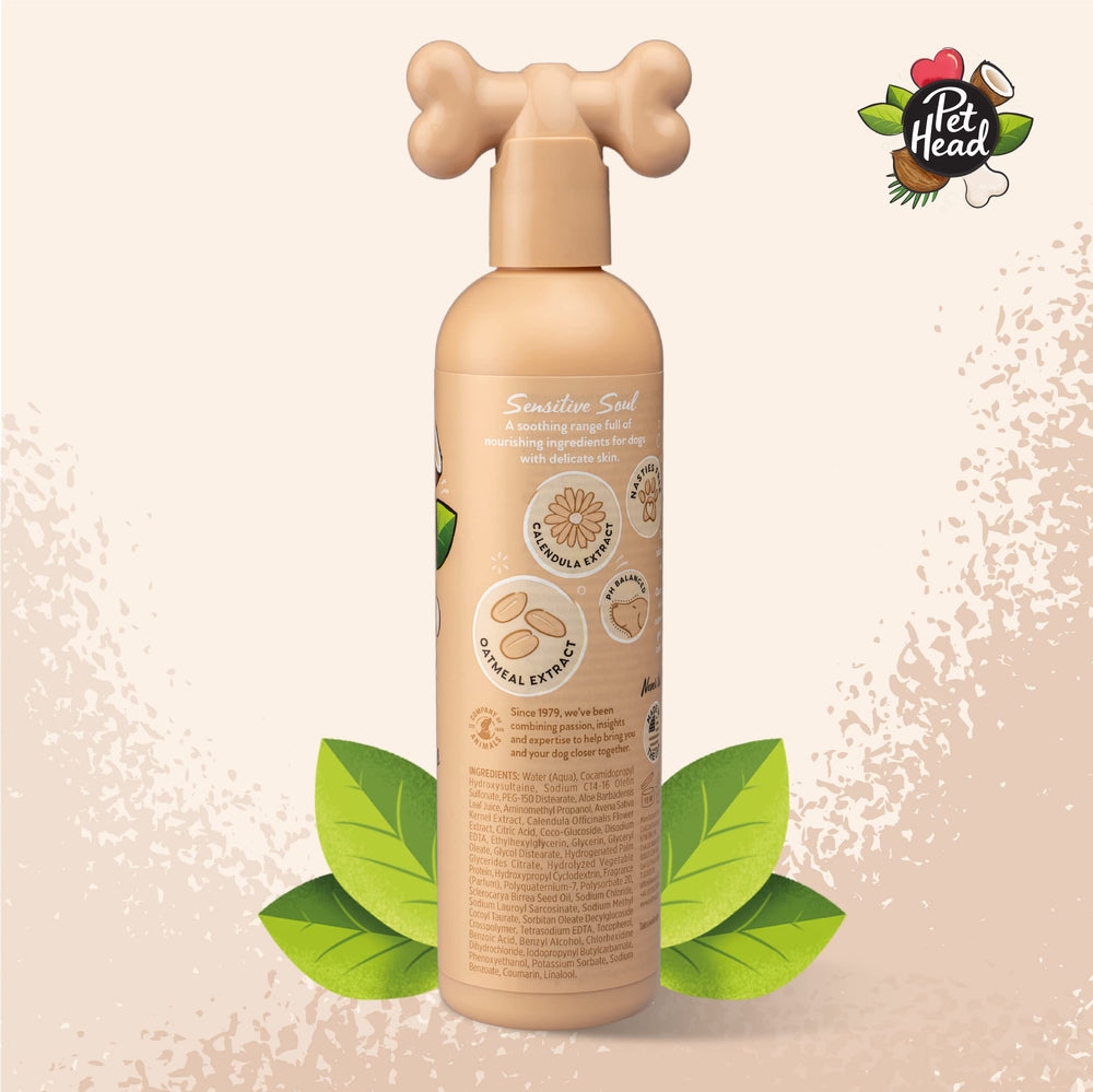 Pet Head Sensitive Soul Shampoo with coconut fragrance for a light bath time scent.