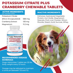 Pet Health Pharma potassium citrate plus cranberry dog tablets close-up showing dosage options