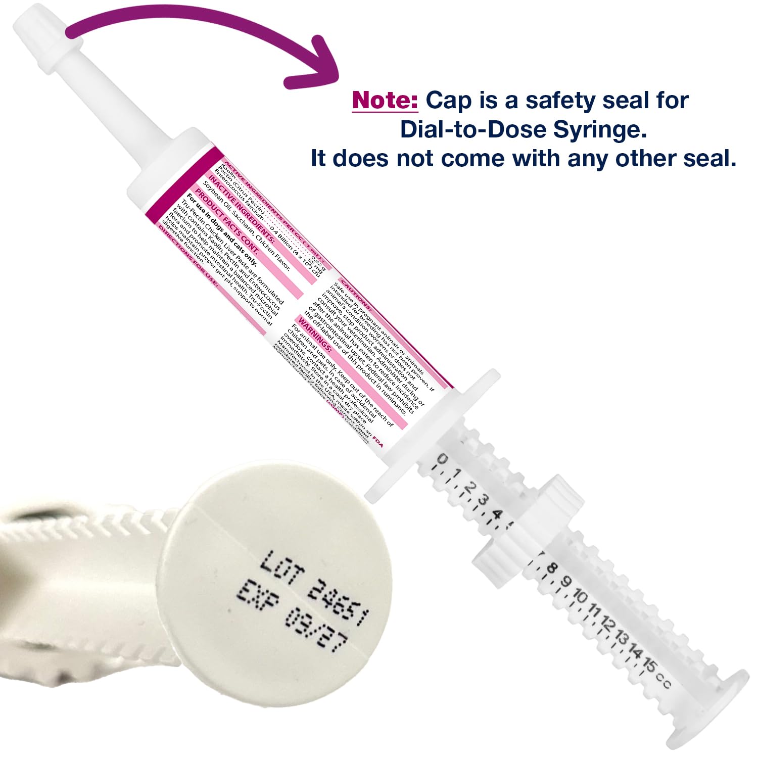 Label close-up highlighting kaolin and pectin ingredients for digestion support
