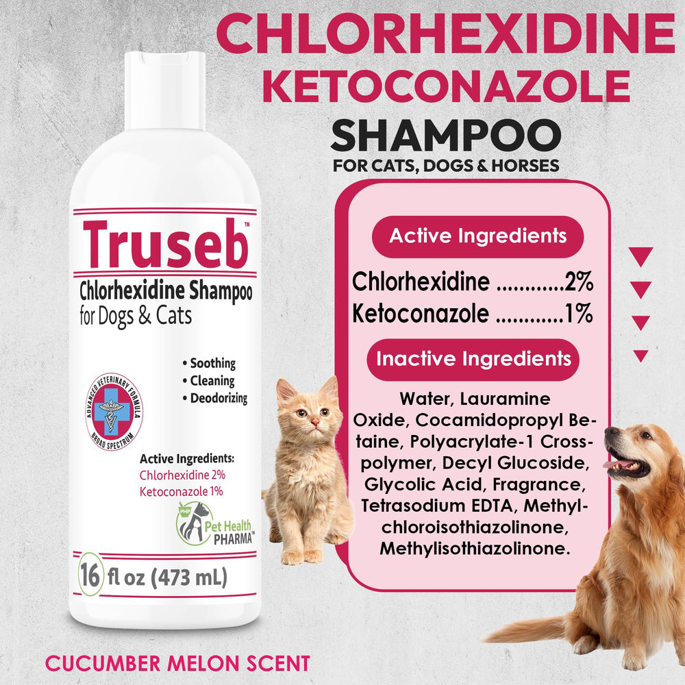 Truseb label close-up reveals 2% chlorhexidine and 1% ketoconazole ingredients