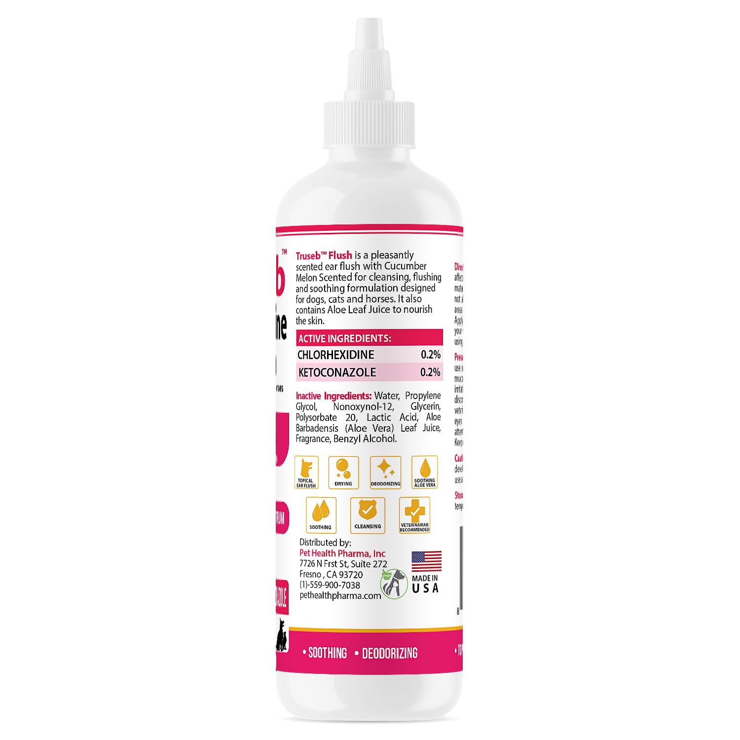 Truseb ear flush label closeup highlighting active ingredients