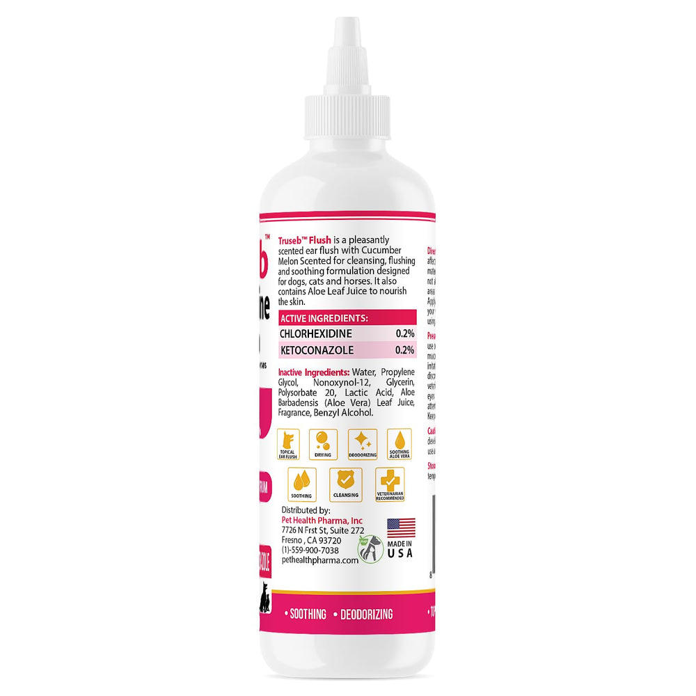 Truseb ear flush label closeup highlighting active ingredients