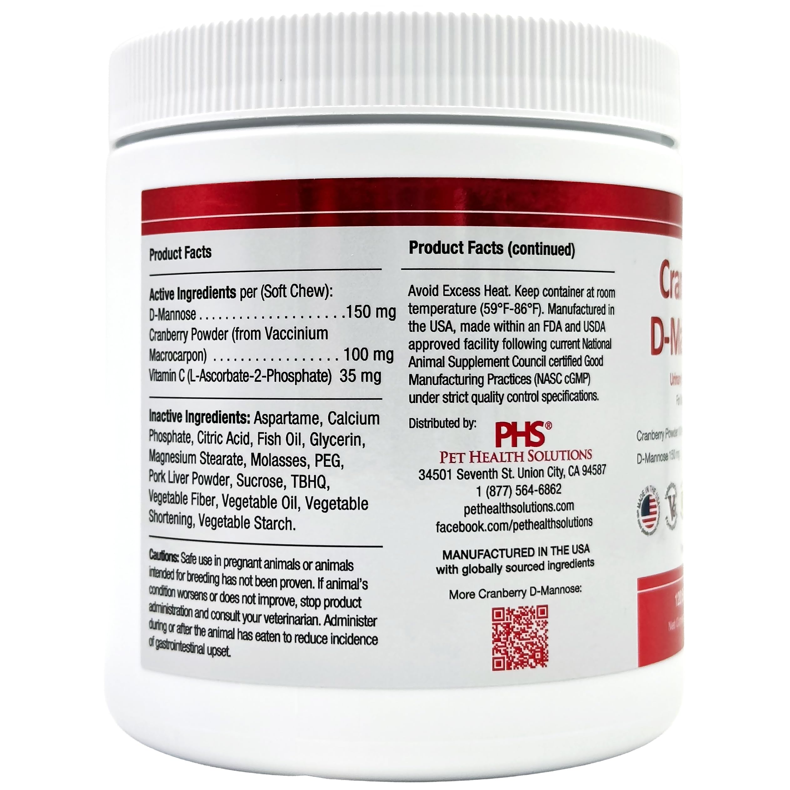Pet Health Solutions Cranberry D-Mannose ingredients close-up including cranberry and vitamin C.