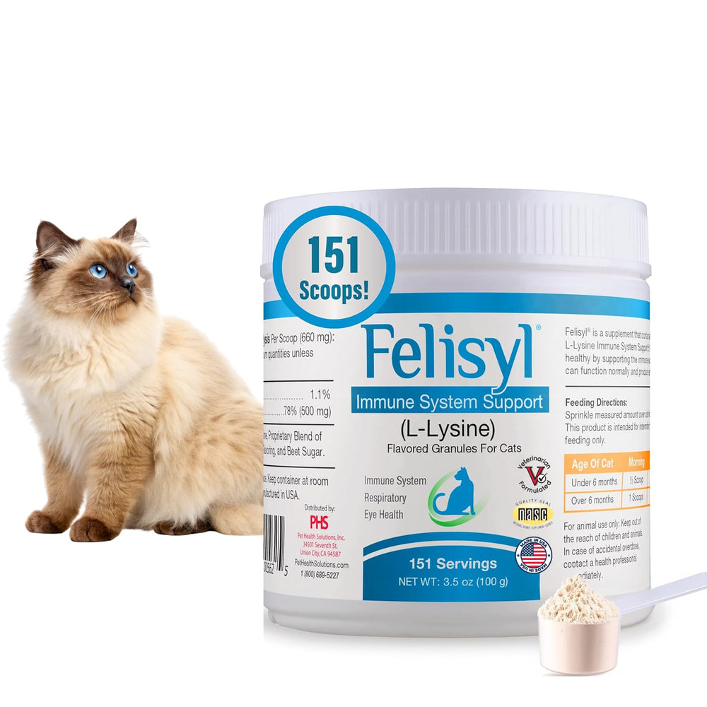 Pet Health Solutions Felisyl L-Lysine granules for cats in bottle; easy sprinkle on meals.