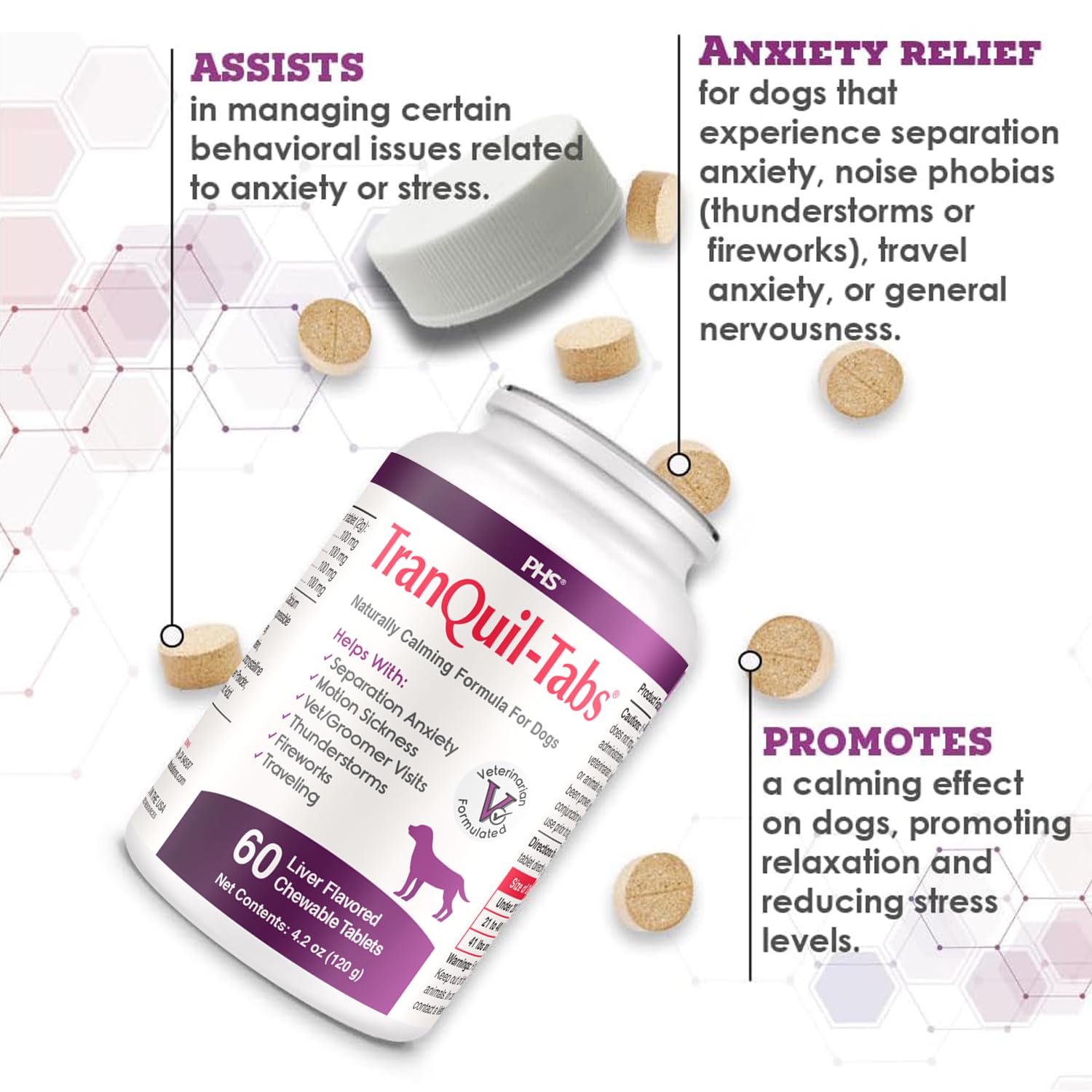 Pet Health Solutions TranQuil-Tabs bone-shaped-design highlights easy administration for anxious dogs.