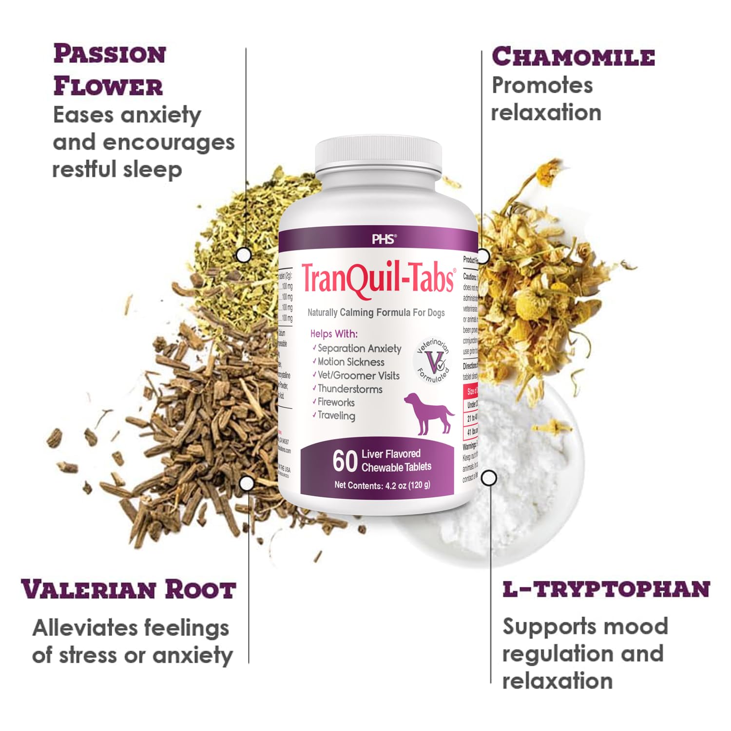 Pet Health Solutions TranQuil-Tabs chamomile-herbal-blend emphasizes natural calming ingredients.
