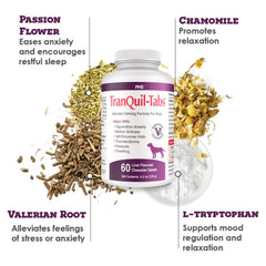 Pet Health Solutions TranQuil-Tabs chamomile-herbal-blend emphasizes natural calming ingredients.