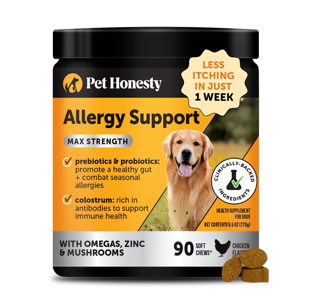 Pet Honesty Allergy + Itch Relief chews packaging with clear daily-use label.