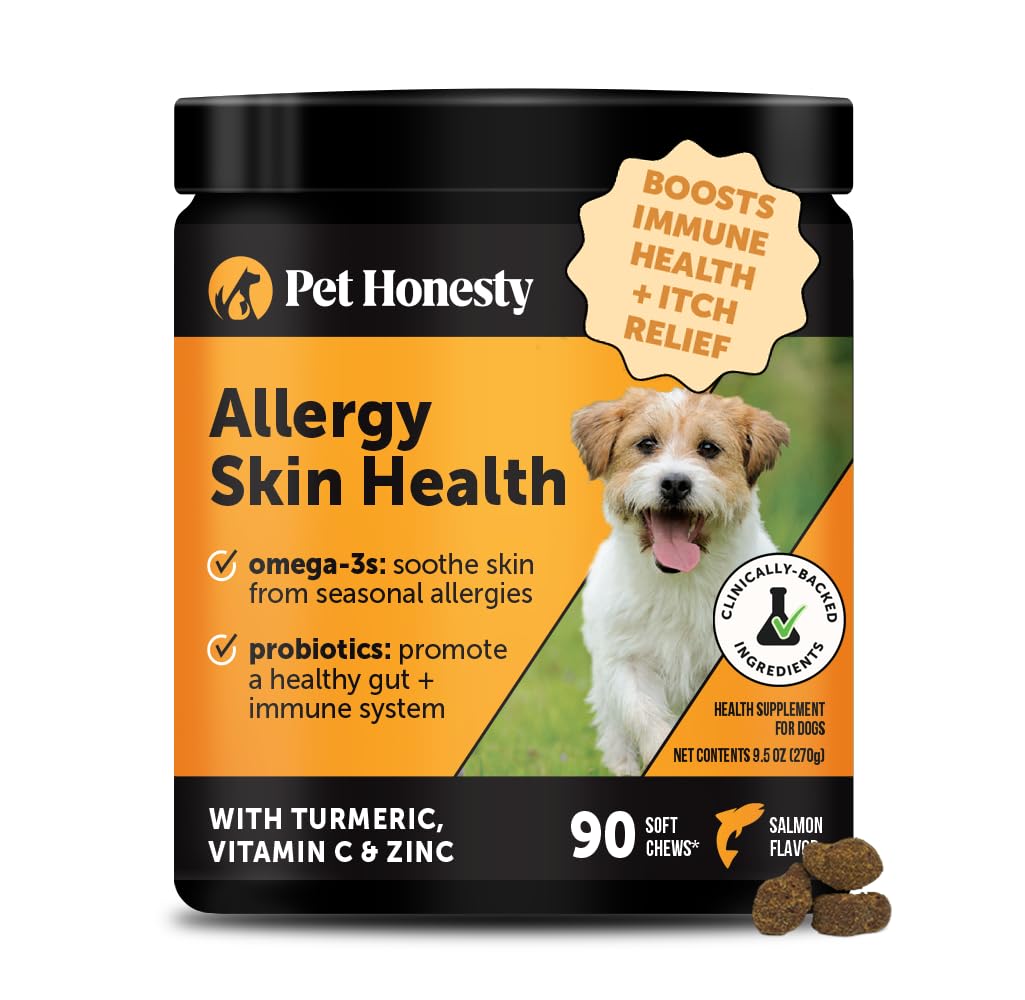 Pet Honesty Allergy Skin Health bottle packaging signals a trusted skin support supplement.