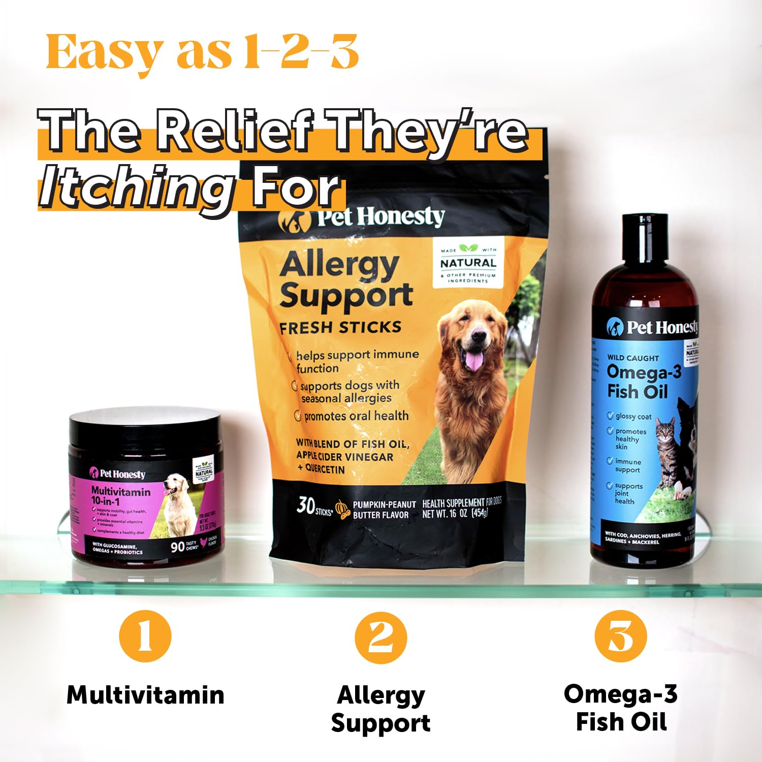 Pet Honesty Allergy Support Fresh Dental Sticks fresh-breath on-pack message.