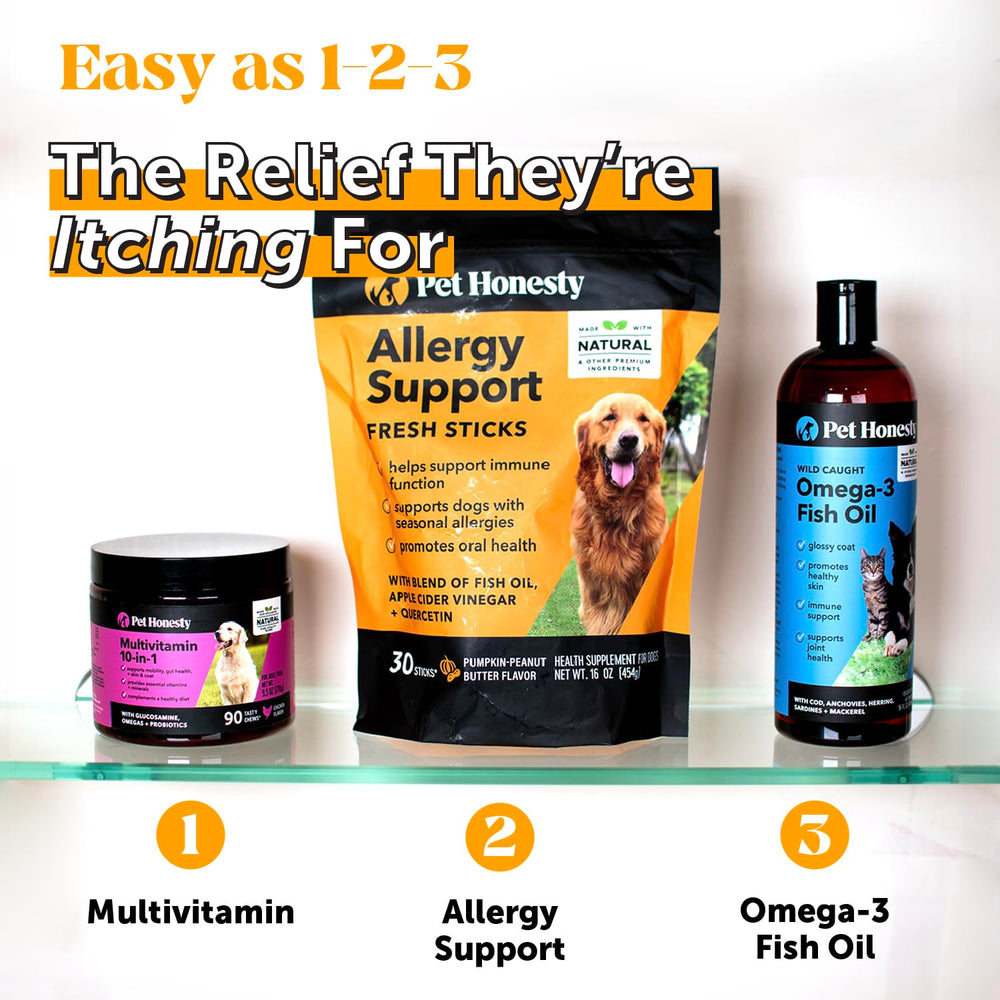 Pet Honesty Allergy Support Fresh Dental Sticks fresh-breath on-pack message.