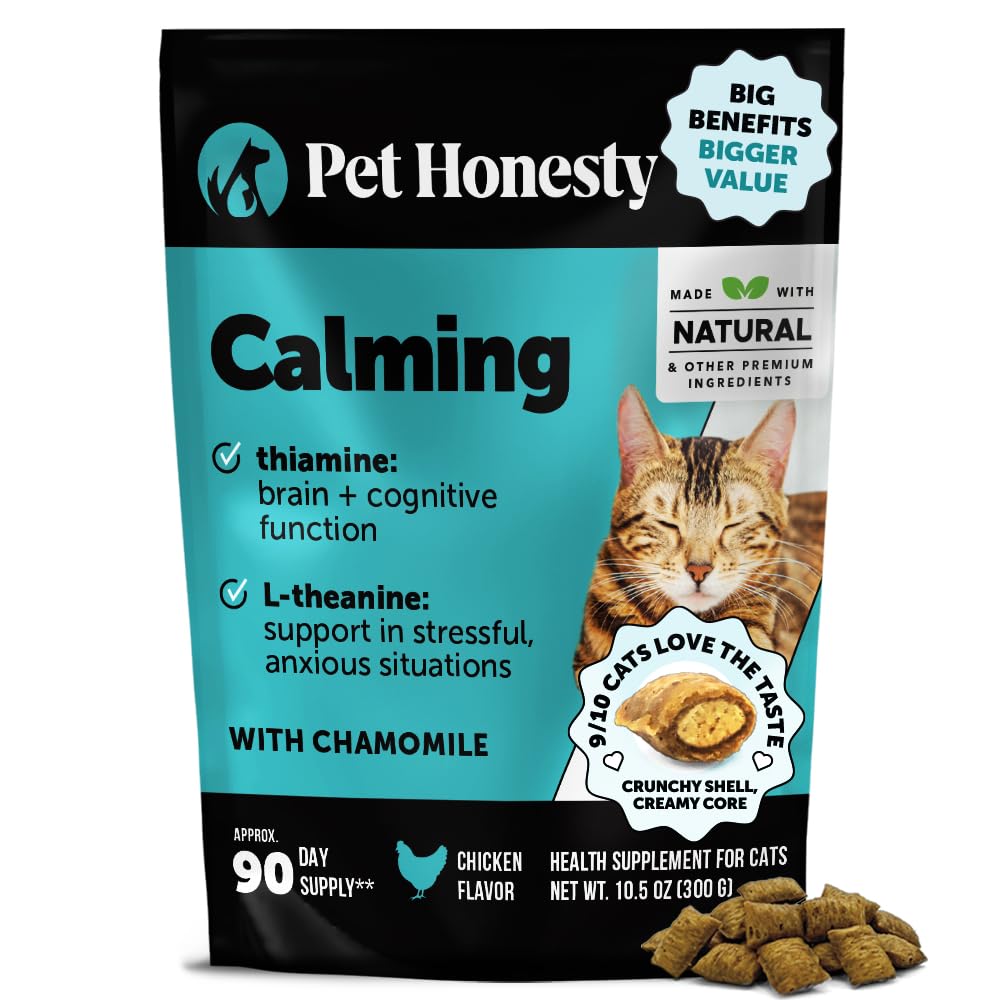 Pet Honesty Calming Chews bottle pour for easy serving during stressful moments.