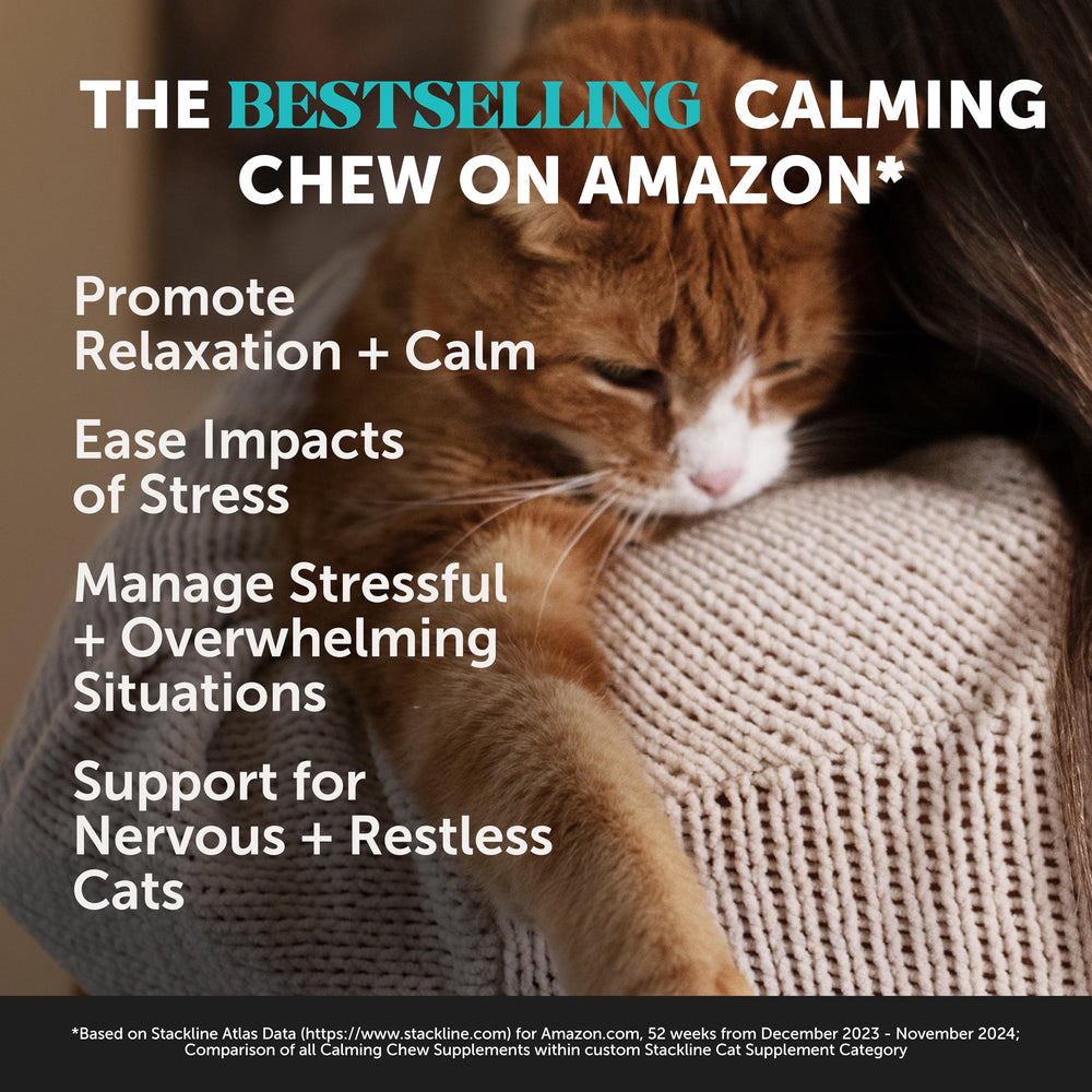 Pet Honesty Calming Chews label closeup highlights chicken flavor and ingredients.