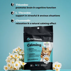 Pet Honesty Cat Calming Chews packaging box highlights clean ingredients and no fillers.