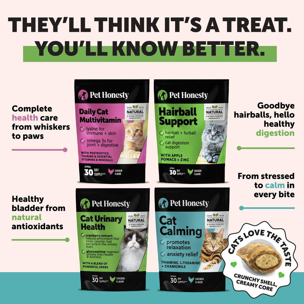 Pet Honesty hairball relief treats for daily feline care.