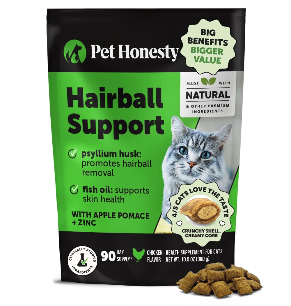 Pet Honesty cat hairball chew with crunchy shell helps reduce hairball buildup.