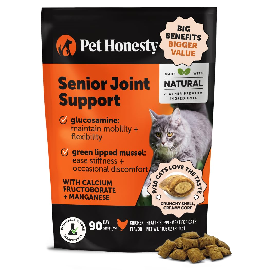 Pet Honest y Cat Hip + Joint Chews bottle shown for daily mobility support.