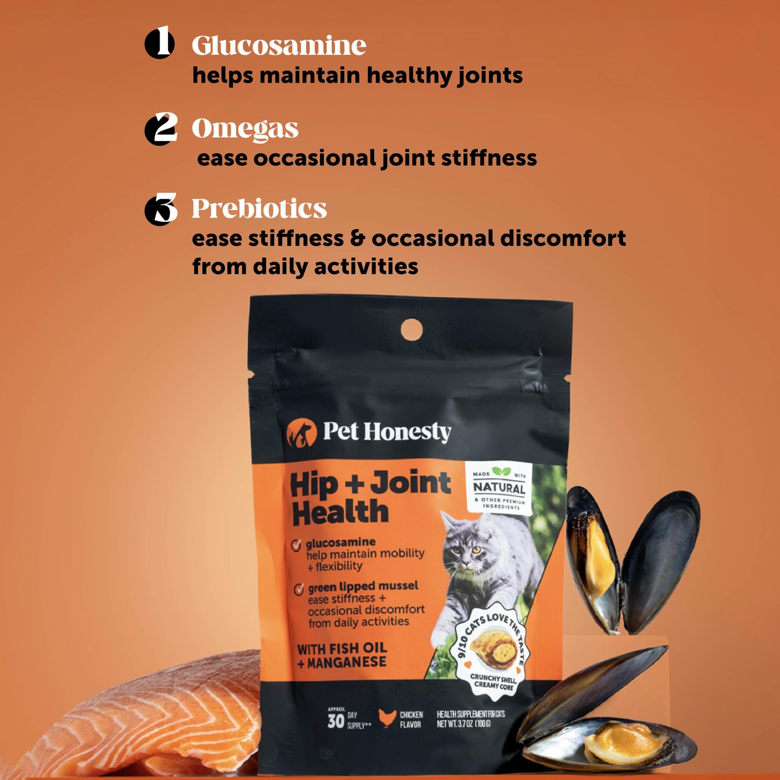 Pet Honesty hip joint chews serving over meal demonstrates easy serving.