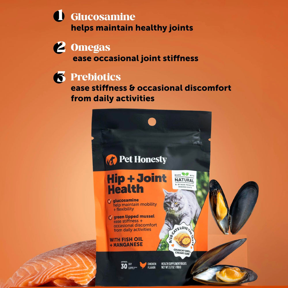 Pet Honesty hip joint chews serving over meal demonstrates easy serving.