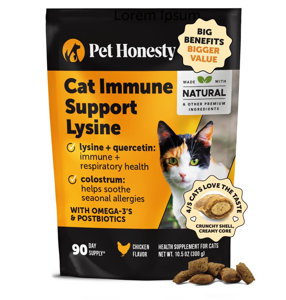 Pet Honesty Cat Immune Support Lysine bottle label signaling vet-approved immune support.