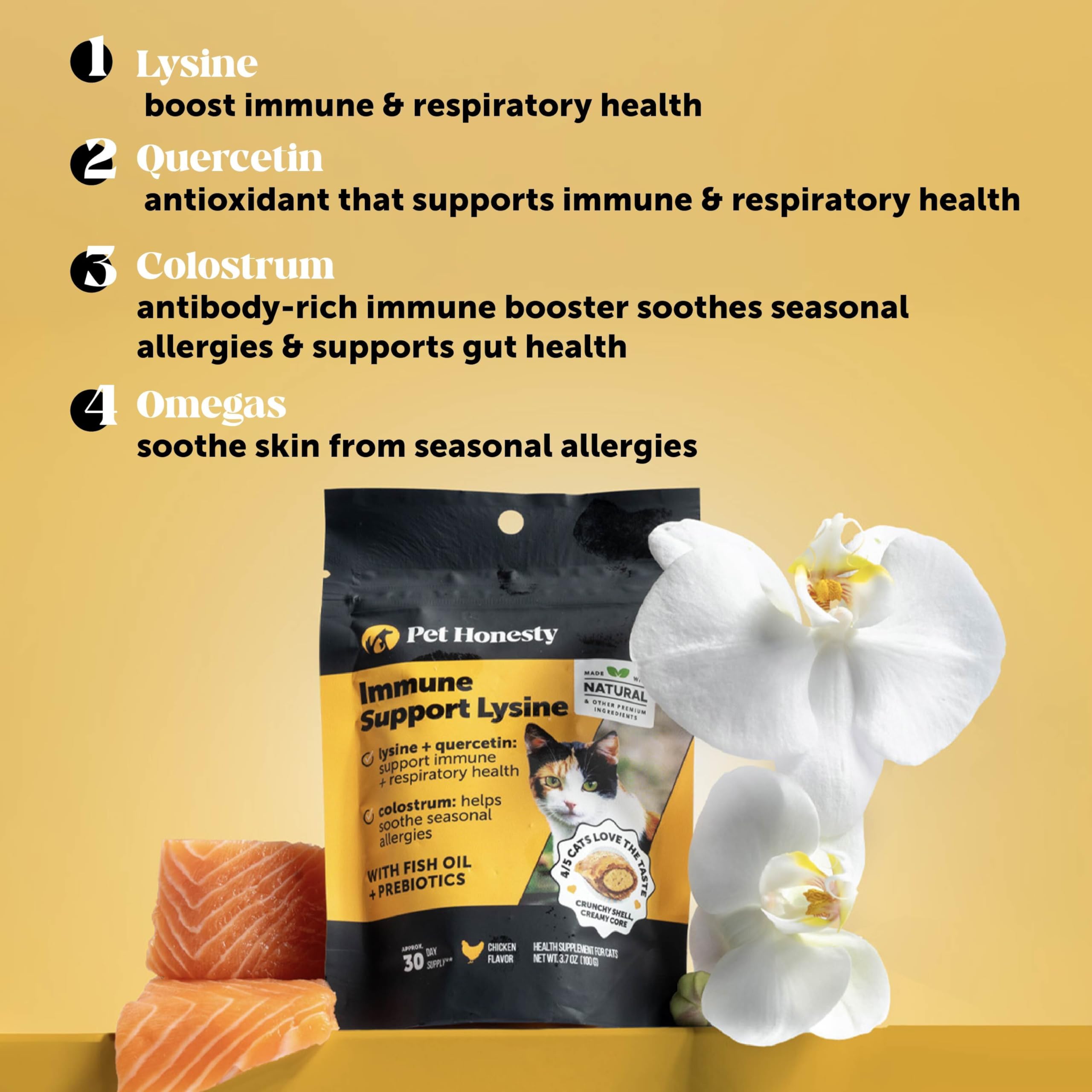 Pet Honesty Cat Immune Support Lysine treats in open package invite easy daily dosing.