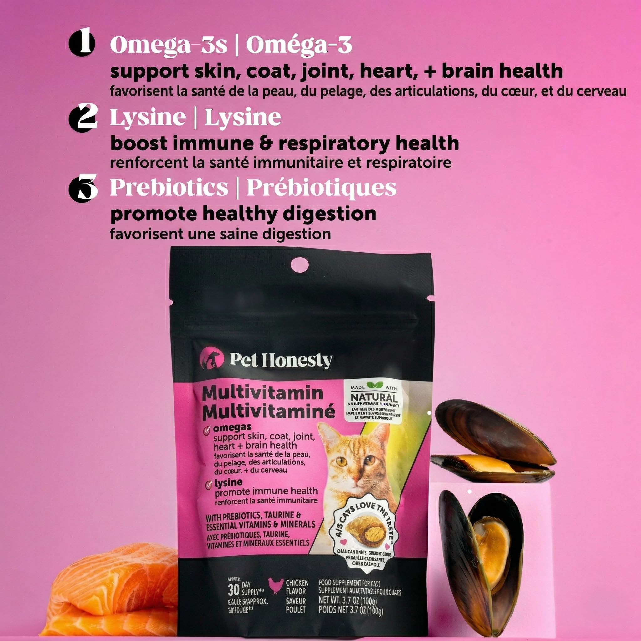 Pet Honesty omega-3 salmon oil image highlighting glossy coat benefits.