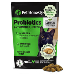 Pet Honesty cat probiotics chews packaging highlighting 90-day supply for digestive support