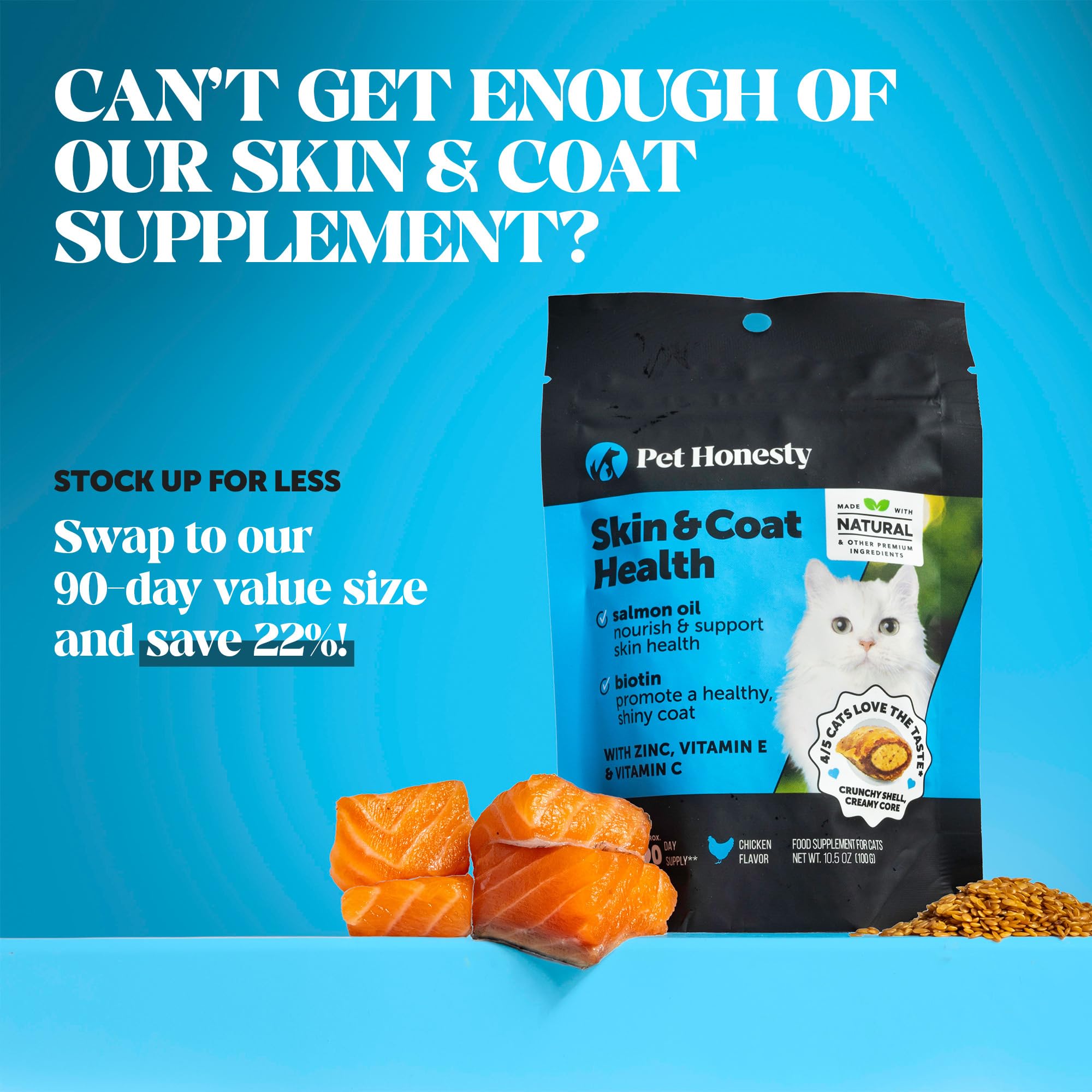 Pet Honesty biotin and vitamins C & E chews, signaling a shiny coat benefit.