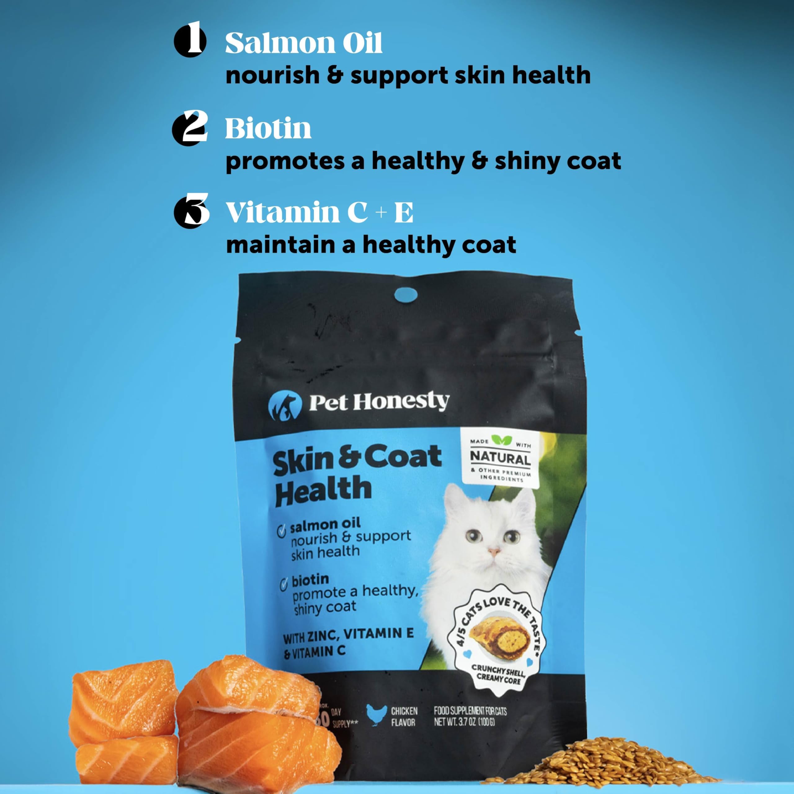 Pet Honesty Cat Skin & Coat chews crunchy-creamy texture appeal.