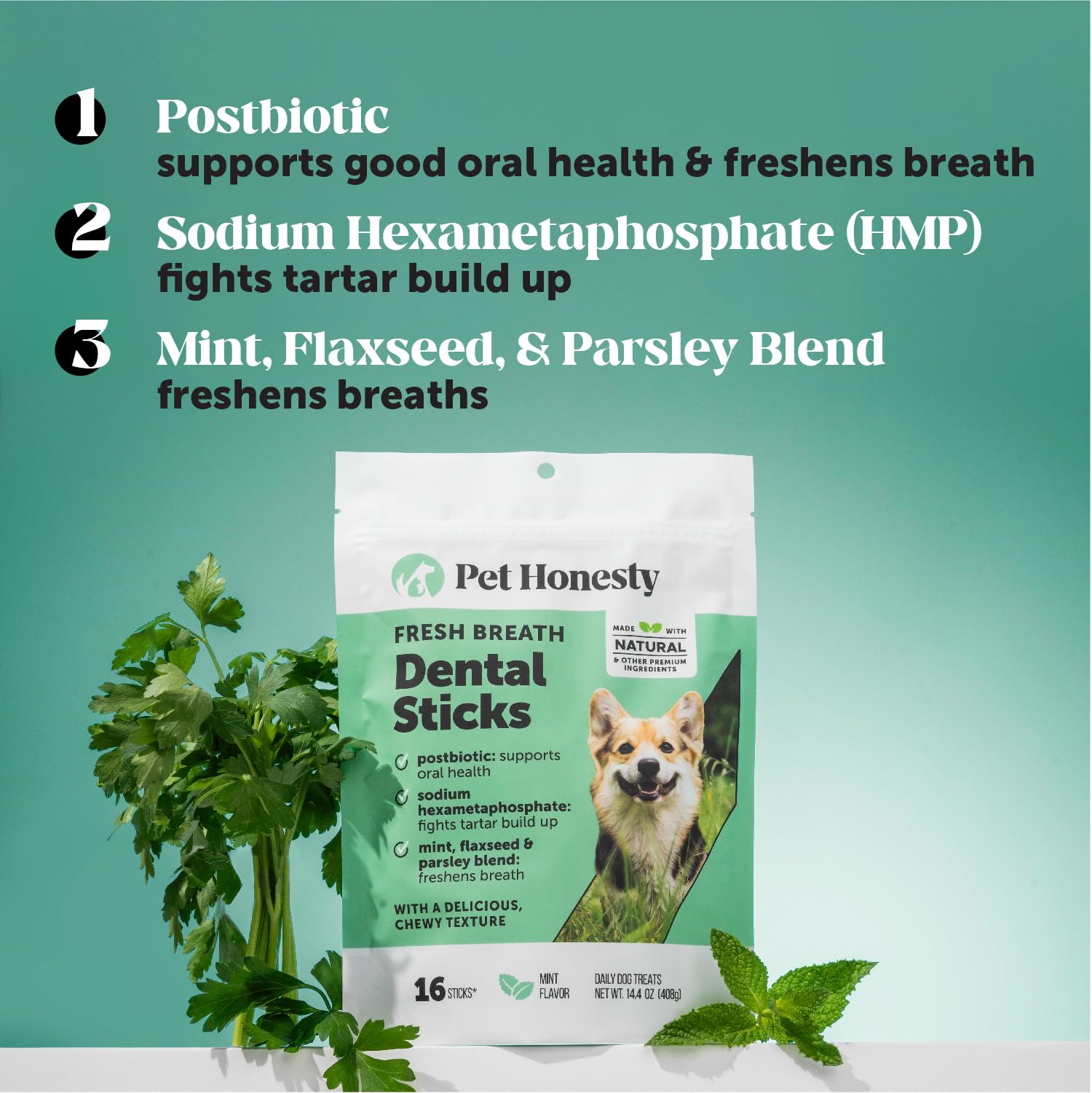Pet Honesty ridged-texture sticks designed to scrub away plaque.