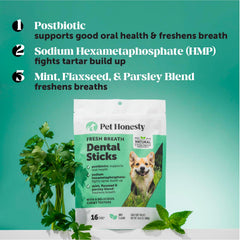 Pet Honesty ridged-texture sticks designed to scrub away plaque.