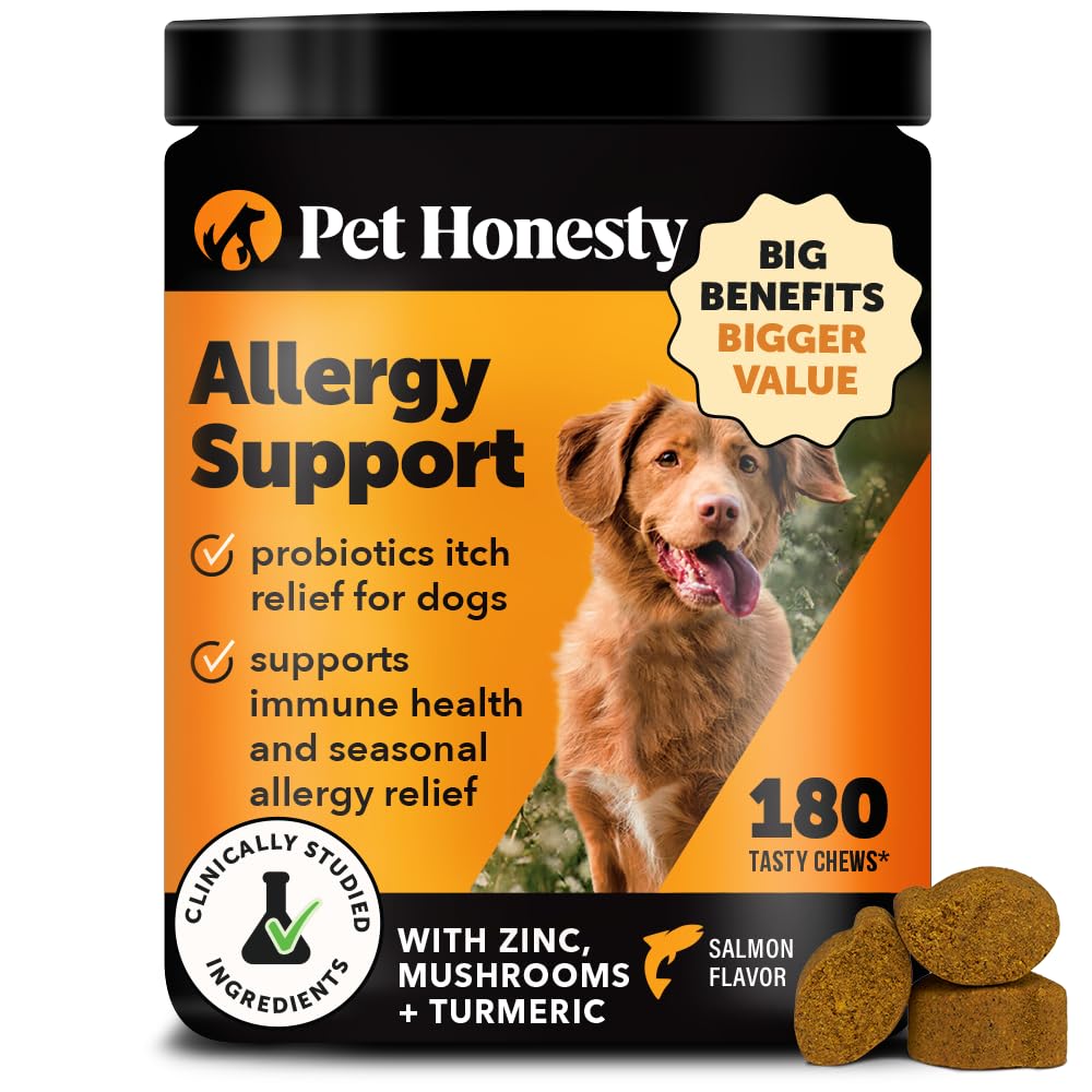 Pet Honesty dog allergy relief chews bottle highlighting 180-count jar for seasonal comfort.
