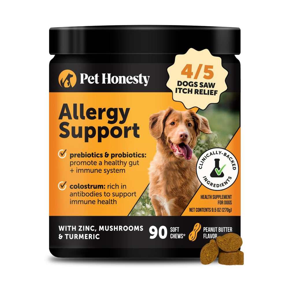 Pet Honesty dog allergy relief immunity chews bottle packaging showing immune support