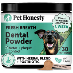Pet Honesty dog breath freshener powder tub supports quick daily dental care.
