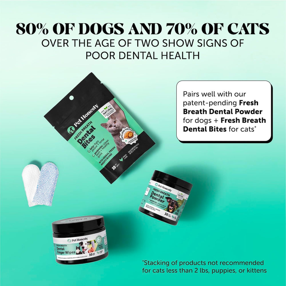 Pet Honesty dog dental finger wipes closeup application demonstrates easy use.