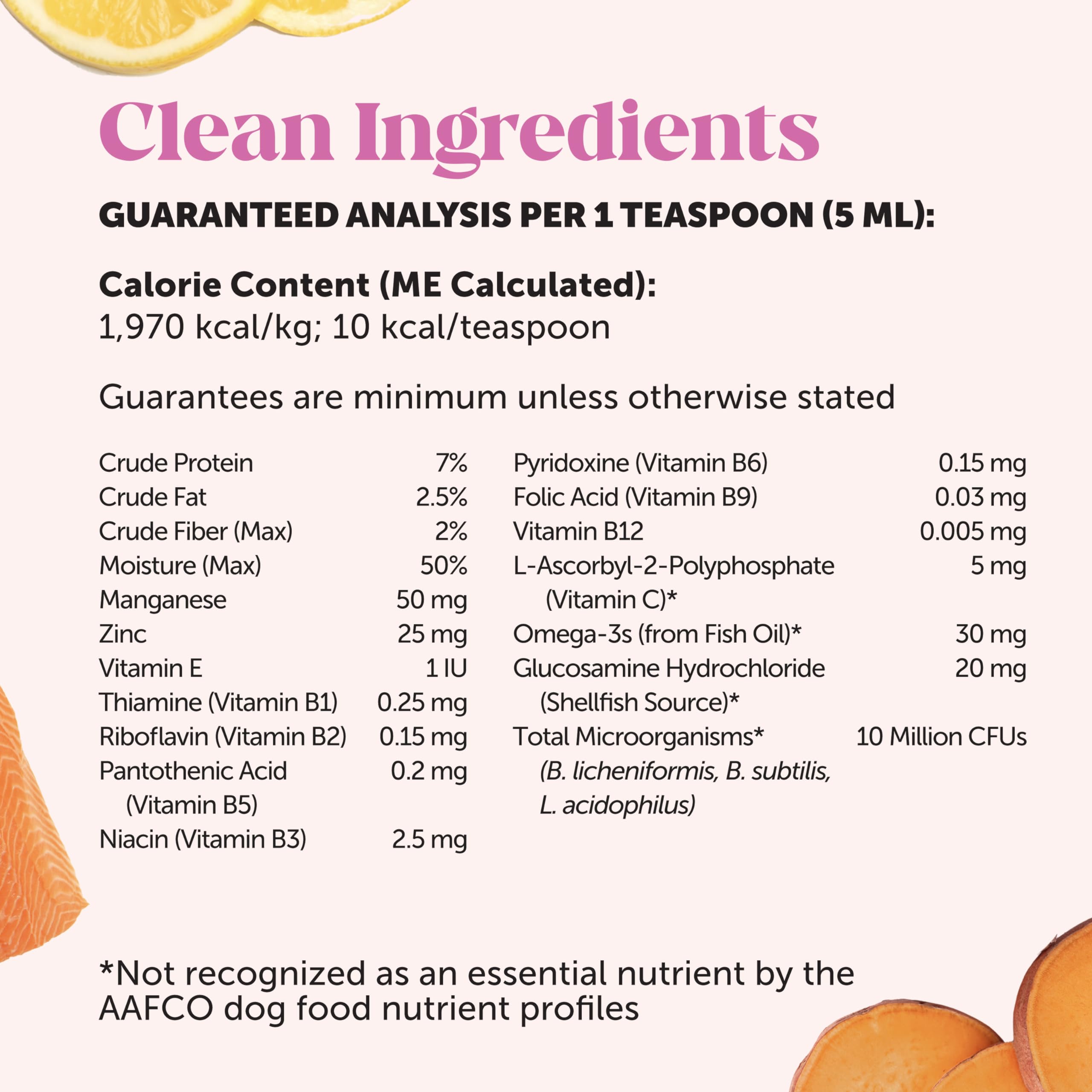 Pet Honesty supplement ingredients list featuring glucosamine, prebiotics, and vitamins.