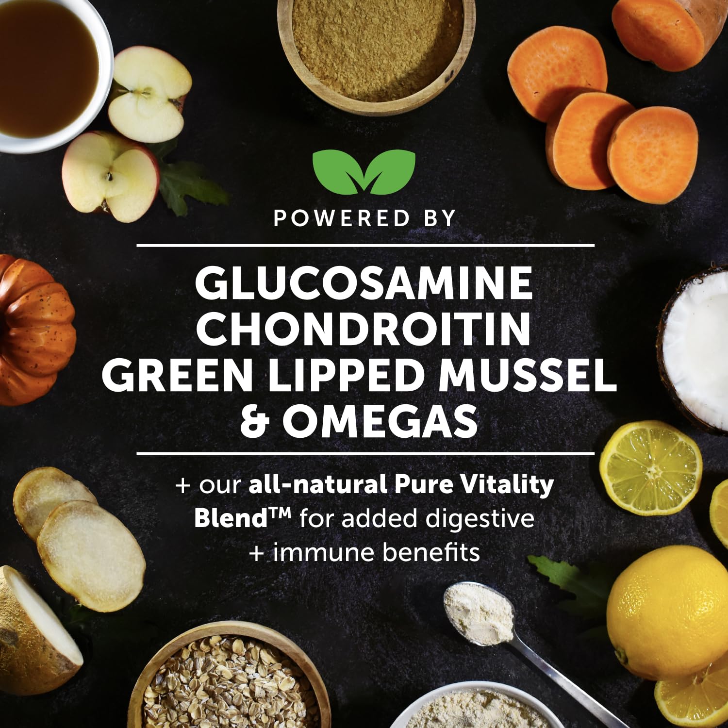 Pet Honesty glucosamine-chondroitin dog supplement supports joint structure and flexibility.