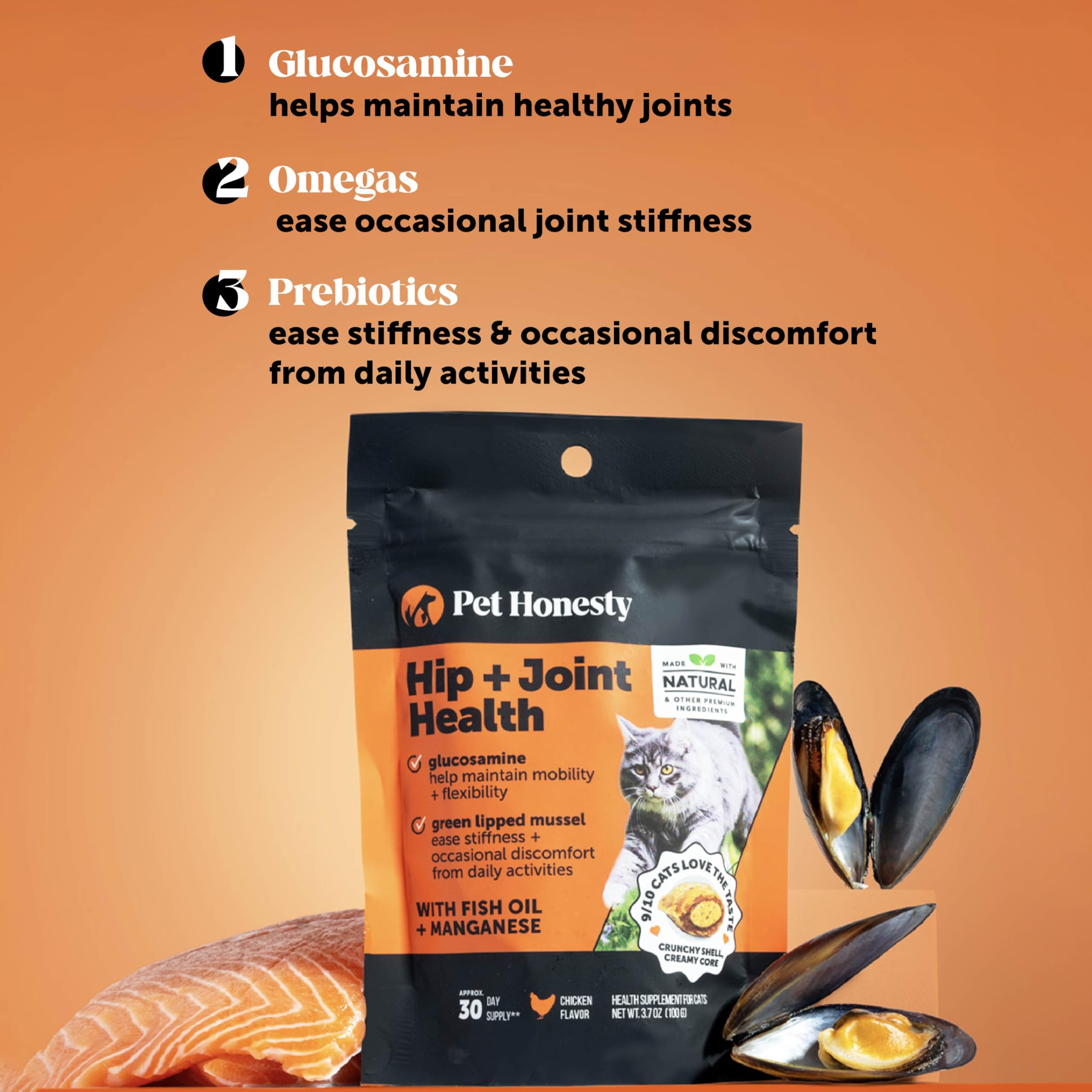 Pet Honesty glucosamine-chondroitin-omega-3s ingredients highlighted on packaging.