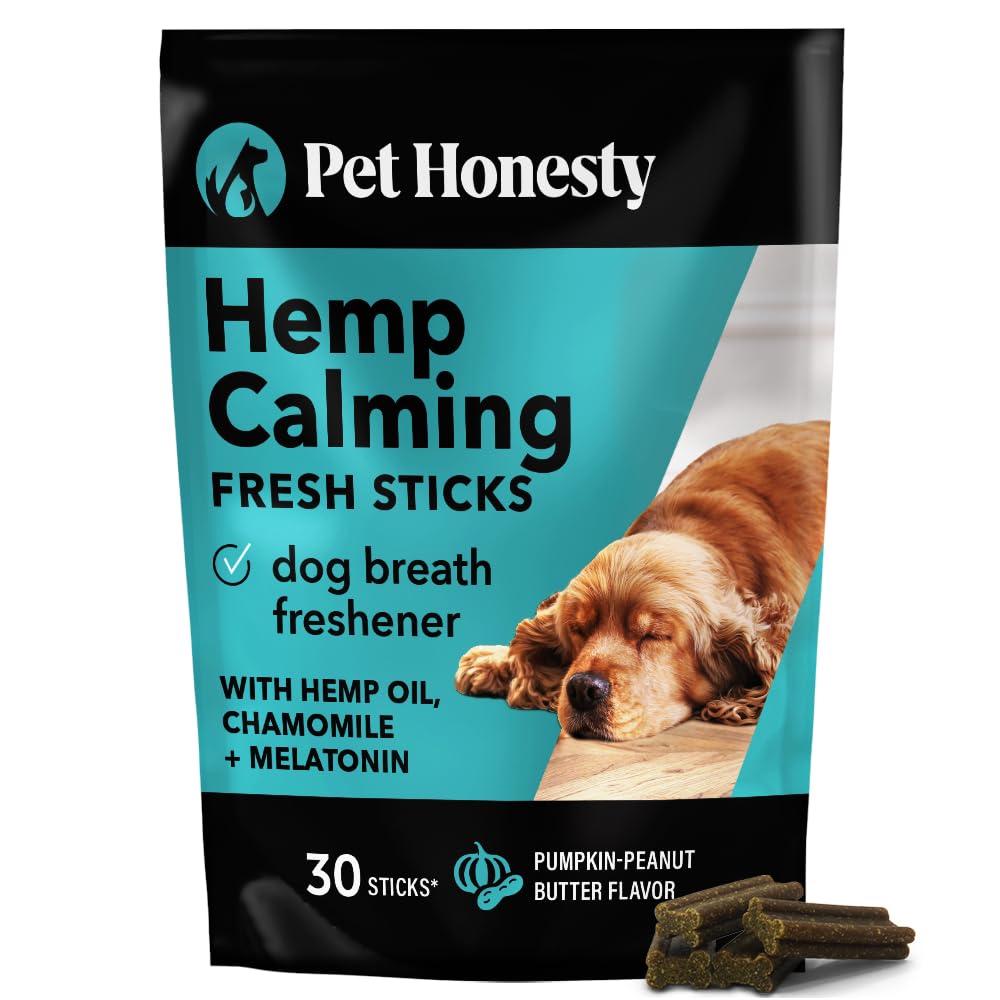 Pet Honesty Hemp Calming Fresh Dental Sticks packfront supports easy dosing during travel.