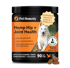 Pet Honesty Hemp Hip & Joint bottle supports dog mobility.