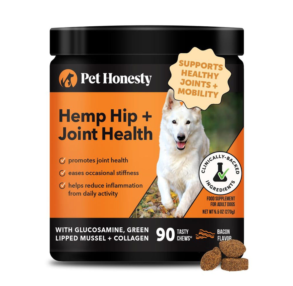 Pet Honesty hemp hip & joint chews bottle supports aging dogs' mobility.