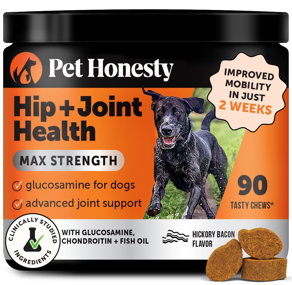 Pet Honesty Hip & Joint Health Max Strength bacon-chews support mobility for active dogs.