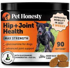 Pet Honesty Hip & Joint Health Max Strength bacon-chews support mobility for active dogs.