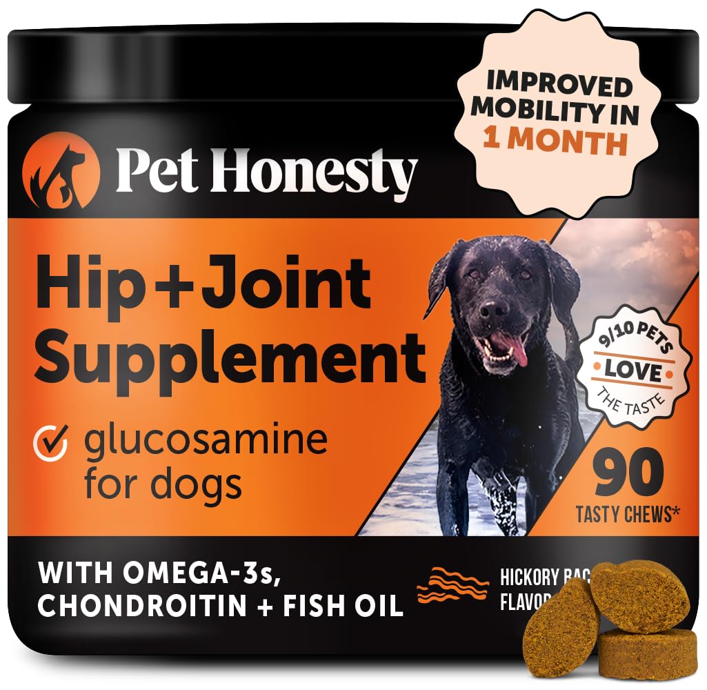 Pet Honesty hip and joint soft chews bacon bottle showing mobility support for dogs