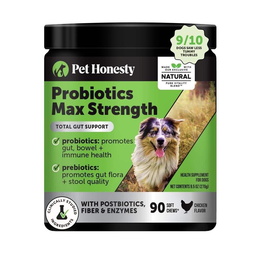 Pet Honesty Max Strength Probiotics for Dogs bottle front promotes digestive comfort.