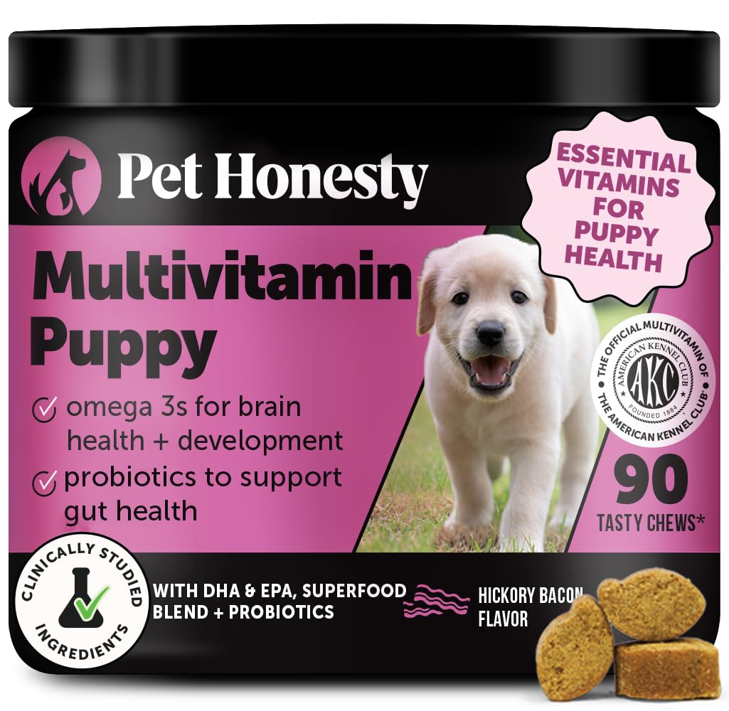 Pet Honesty puppy multivitamin packaging showing a tasty health-support chew.
