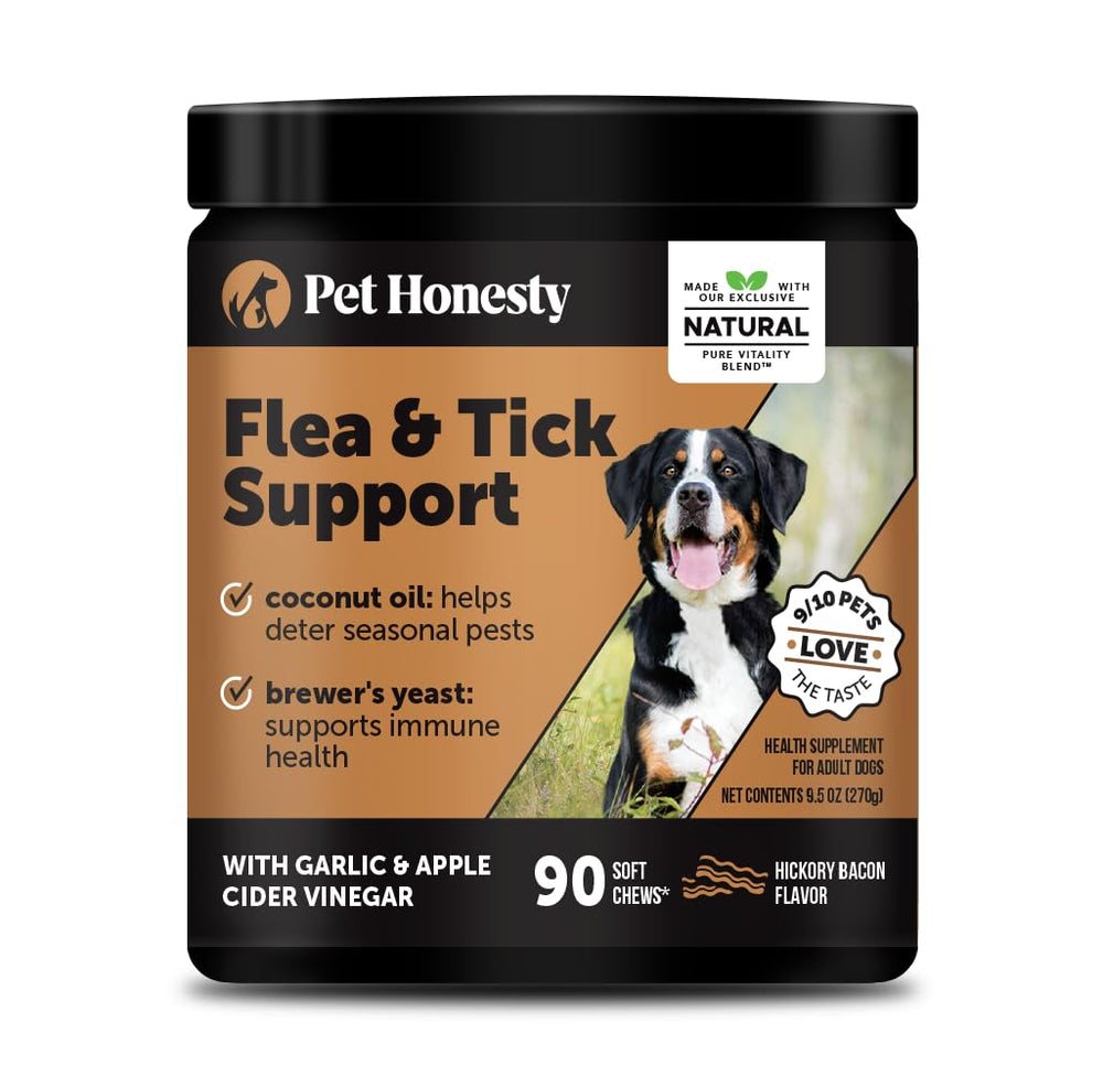 Pet Honesty Outdoor Defense chews in a bowl highlight bacon flavor and pest resistance support